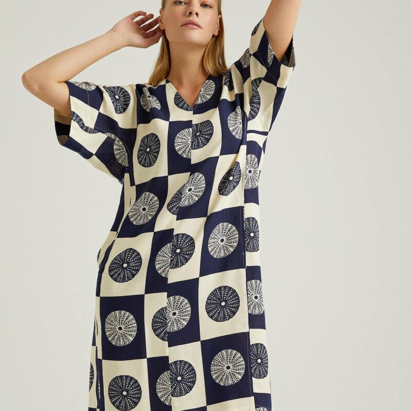 S22D323- فستان كتان منقوش مقاس كبير