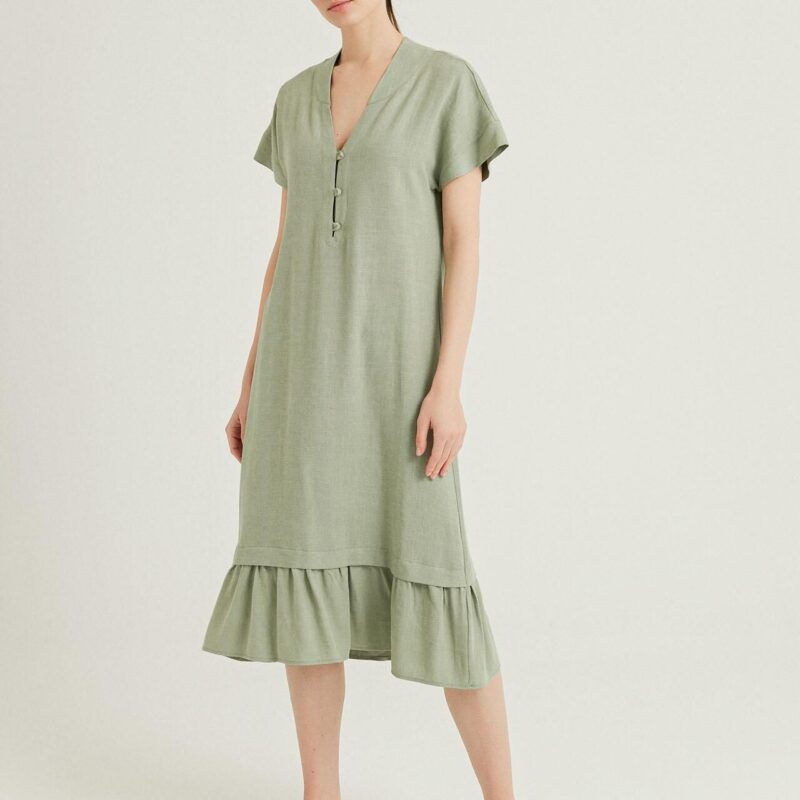 S21D148-فستان كتان ميدي مكشكش