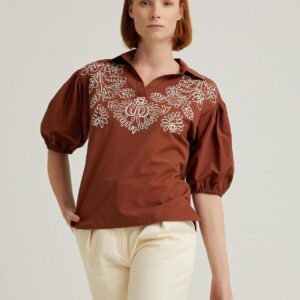 S22B047-BLUZ -CHOCOLATE  بلوز نصف كم مع تطريز