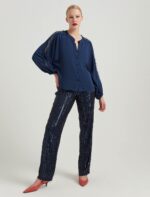 W22G473- قميص لون كحلي باكمام من دانتيل - الصورة 5