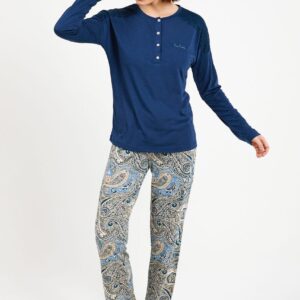 PC8447 طقم بيجاما قطعتين للنساء خريفي بنطال مزخرف مع بلوز لون تركواز بثلاثة ازرار