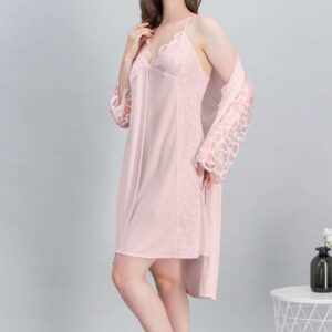 AR-552-S قميص نوم لون زهري بارد قطن مع روب اكمام شفافة