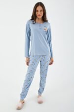 AR2185 طقم بيجاما قطن خريفي قطعتين للنساء لون ازرق سماوي - الصورة 2