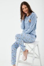 AR2185 طقم بيجاما قطن خريفي قطعتين للنساء لون ازرق سماوي - الصورة 3
