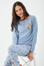 AR2185 طقم بيجاما قطن خريفي قطعتين للنساء لون ازرق سماوي