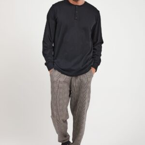 AR2316-S طقم بيجاما قطعتين للرجال قطن خريفي بنطال مقلم مع بلوز لون اسود بثلاثة ازرار