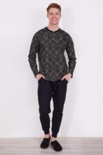 AR2319-S-V1 طقم بيجاما قطعتين للرجال قطن خريفي بنطال لون اسود مع بلوز مقلمة بثلاثة ازرار