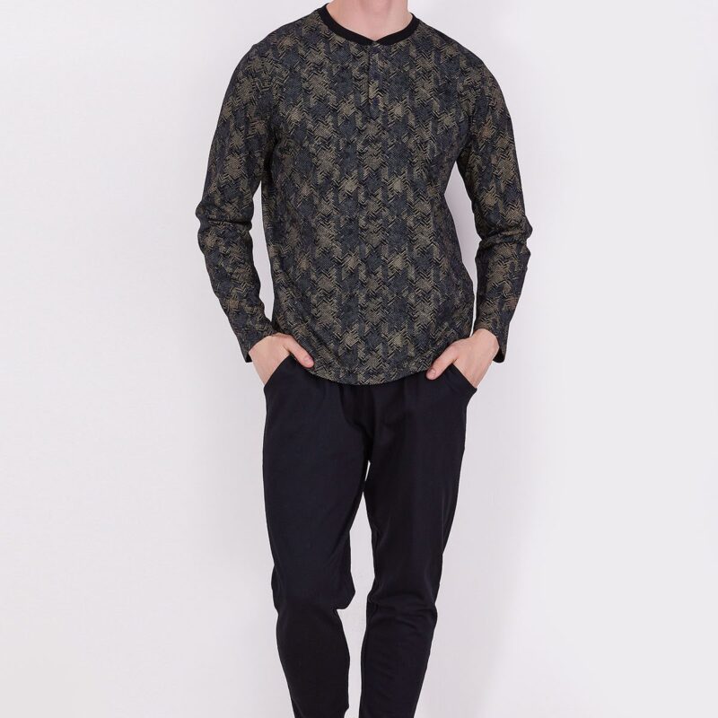 AR2319-S-V1 طقم بيجاما قطعتين للرجال قطن خريفي بنطال لون اسود مع بلوز مقلمة بثلاثة ازرار