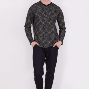 AR2319-S-V1 طقم بيجاما قطعتين للرجال قطن خريفي بنطال لون اسود مع بلوز مقلمة بثلاثة ازرار