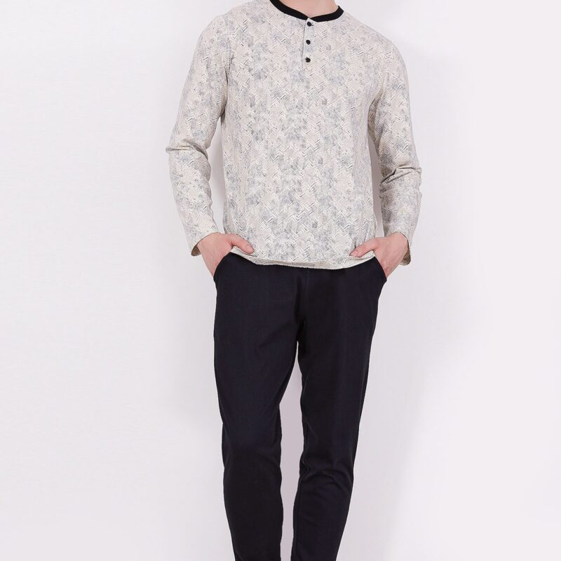 AR2319-S-V2 طقم بيجاما قطعتين للرجال قطن خريفي بنطال لون اسود مع بلوز مقلمة بثلاثة ازرار