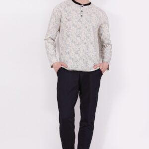 AR2319-S-V2 طقم بيجاما قطعتين للرجال قطن خريفي بنطال لون اسود مع بلوز مقلمة بثلاثة ازرار