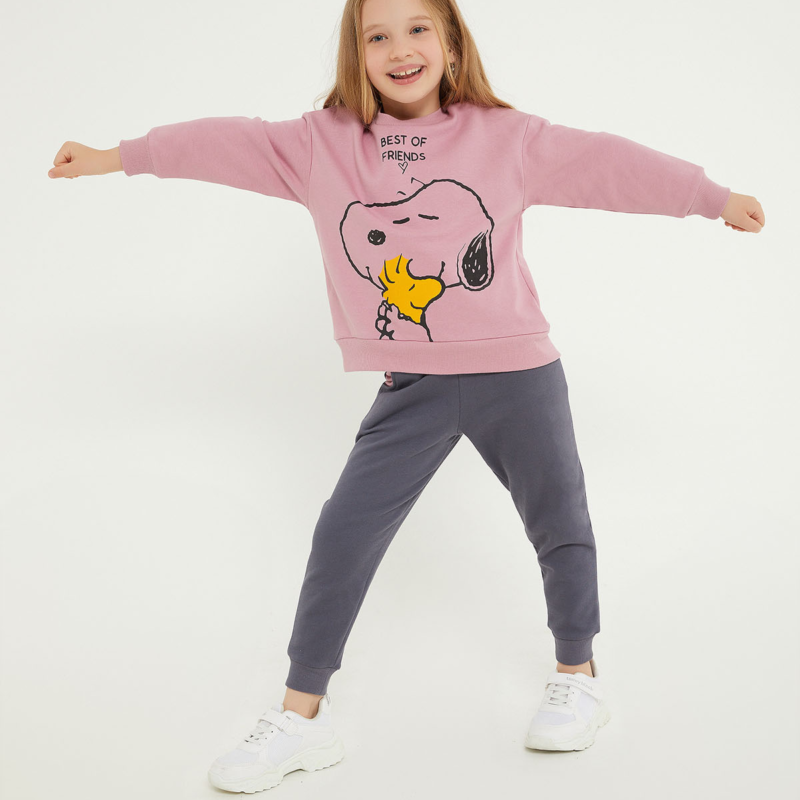 L1538 تريننج سنوبي للبنات مبطن بلوز لون زهري مع بنطال لون ازرق بترولي