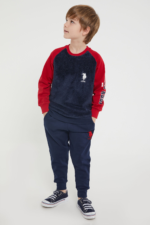 US1174 طقم تريننج للاولاد فرو مبطن لون كحلي بأكمام باللون الاحمر