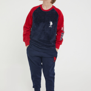 US1174 طقم تريننج للاولاد فرو مبطن لون كحلي بأكمام باللون الاحمر