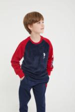 ⁦US1174 طقم تريننج للاولاد فرو مبطن لون كحلي بأكمام باللون الاحمر⁩ - الصورة ⁦5⁩