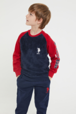 ⁦US1174 طقم تريننج للاولاد فرو مبطن لون كحلي بأكمام باللون الاحمر⁩ - الصورة ⁦4⁩