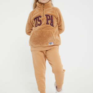 US1228 طقم تريننج للبنات قطعتين بلوز فرو مع بنطال مبطن