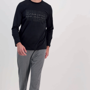 AR1603 طقم بيجاما قطن للرجال بلوز لون اسود مع بنطال لون رمادي