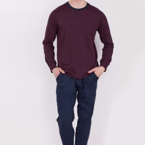 Ar-2350-s طقم بيجاما قطعتين للرجال بلوز لون خمري مقلمة مع بنطال لون كحلي