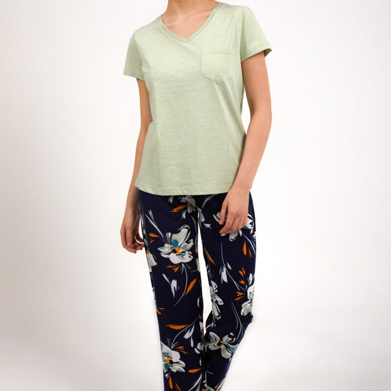 AR1878-S-V2 طقم بيجاما قطعتين بلوز لون فستقي مع بنطال مُورد