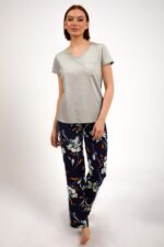 AR1878-S طقم بيجاما قطعتين بلوز لون بيج مع بنطال مُورد