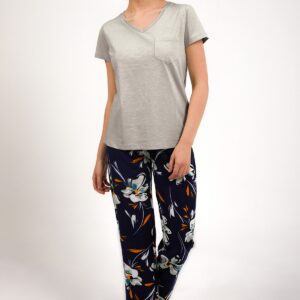 AR1878-S طقم بيجاما قطعتين بلوز لون بيج مع بنطال مُورد