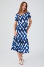AR2418-S فستان بيتي طويل نصف كم للنساء مخطط باللونين الازرق والابيض