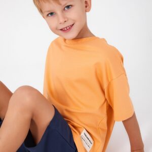 RP3044-V1 طقم تريننج شورت للاولاد قطعتين قطن لون اورنج مع شورت لون كحلي