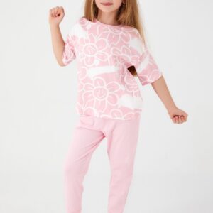 RP3053-V2 للفتيات طقم بيجاما قطعتين قطن بلوز نصف كم مزينة بالورود لون زهري