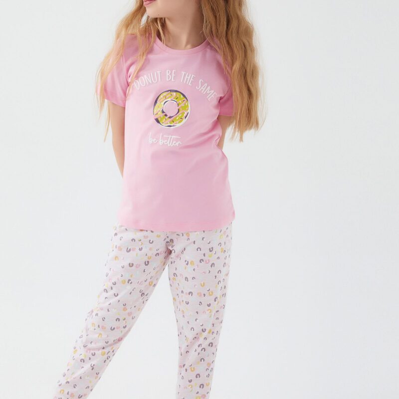 RP3101-2-V1 طقم بيجاما قطعتين للفتيات قطن بلوز نصف كم لون زهري فاتح مع بنطال