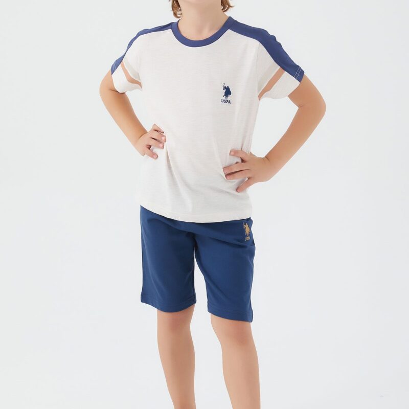 US1305-4-V2 USPOLO طقم شورت للاطفال قطعتين قطن لون كريمي ماركة