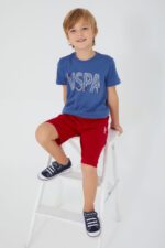 US1334-5-V2 US POLO طقم تريننج قطعيتن شورت للاولاد قطن بلوز لون ازرق