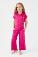 US1406-V1 US POLO تريننج للفتيات قطعتين مع سحاب نصف كم قطن لون زهري