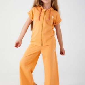 US1406-V2 US POLO تريننج للفتيات قطعتين مع سحاب نصف كم قطن لون اورنج