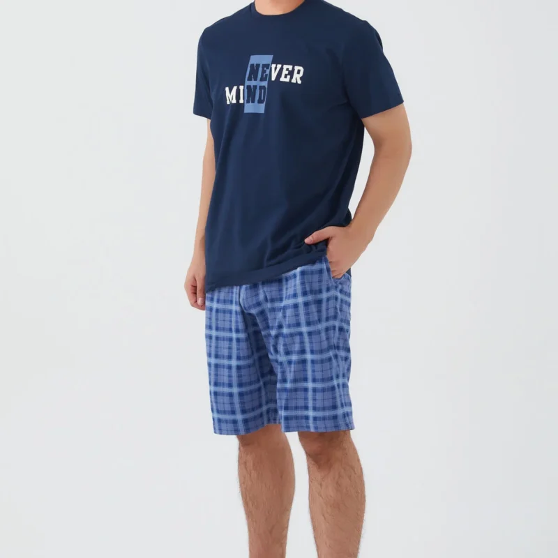 AR2575-S طقم شورت للرجال قطن قطعتين بلوز لون كحلي مع شورت كاروهات