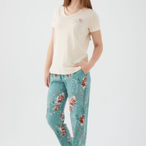 AR2414-S طقم بيجاما للنساء قطن قطعتين بلوز لون افوايت مع بنطال مرسوم