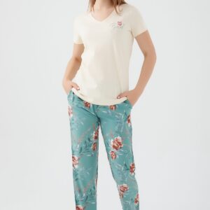 AR2414-S طقم بيجاما قطن قطعتين بلوز لون كريمي مع بنطال مرسوم