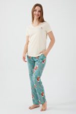 AR2414-S طقم بيجاما قطن قطعتين بلوز لون كريمي مع بنطال مرسوم - الصورة 3