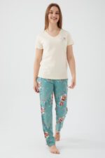 AR2414-S طقم بيجاما قطن قطعتين بلوز لون كريمي مع بنطال مرسوم - الصورة 4