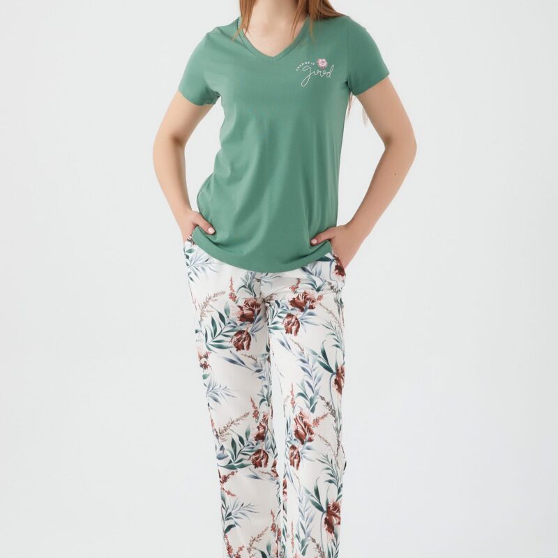 AR2414-S طقم بيجاما قطن قطعتين بلوز لون اخضر مع بنطال مرسوم