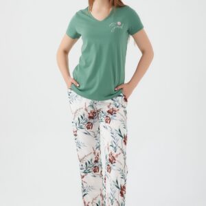 AR2414-S طقم بيجاما قطن قطعتين بلوز لون اخضر مع بنطال مرسوم