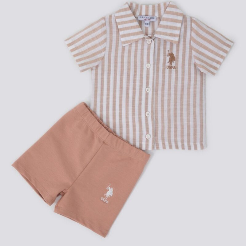 USB1160-V1 USPOLO BABY طقم للاطفال البيبي قطعتين قميص مخطط لون بيج مع شورت قطن