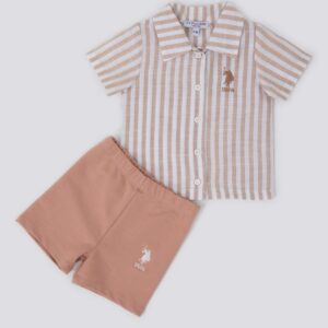USB1160-V1 USPOLO BABY طقم للاطفال البيبي قطعتين قميص مخطط لون بيج مع شورت قطن