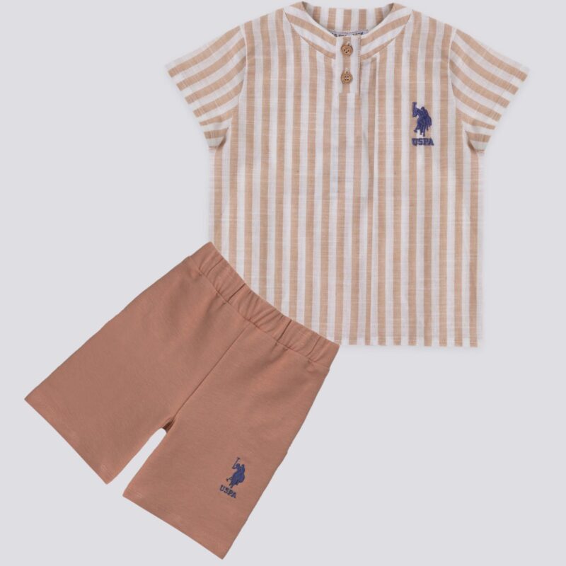 USB1163-V1 US POLO طقم للاطفال البيبي قطعتين قميص مخطط لون بيج مع شورت قطن له جيب