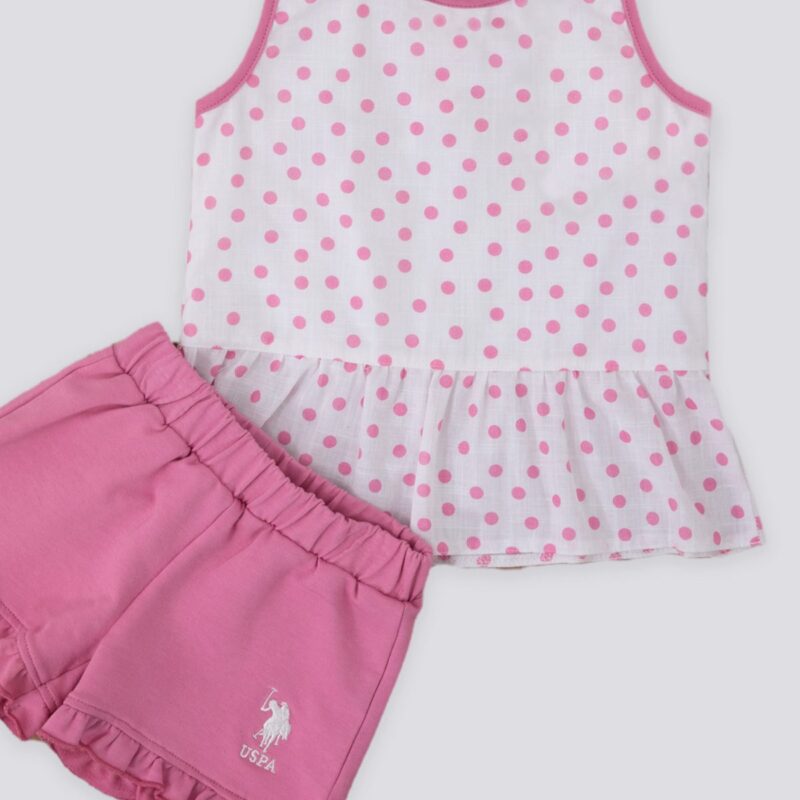 USB1281 US POLO BABY طقم بيبي بنوته قطعتين قطن بلوز من دون اكمام منقطة باللون الزهر مع شورت وردي