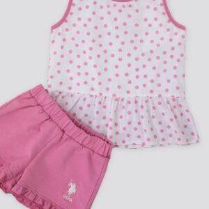 USB1281 US POLO BABY طقم بيبي بنوته قطعتين قطن بلوز من دون اكمام منقطة باللون الزهر مع شورت وردي