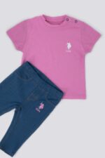 USB1291 US POLO BABY  طقم للفتيات قطعتين قطن بلوز لون وردي مع بنطال لون ازرق
