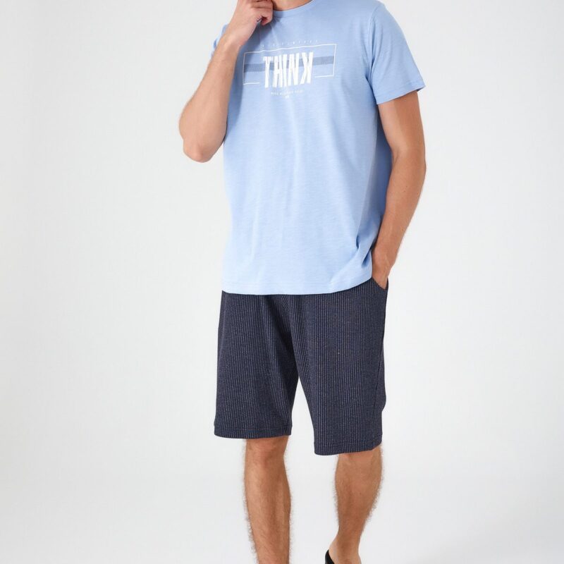 AR2522-S طقم شورت قطعتين قطن للرجال بلوز لون ازرق سماوي مع شورت مخطط