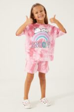 L1574 طقم شورت للفتيات قطن سنوبي لون زهري