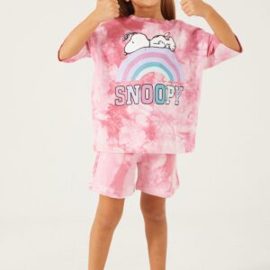 L1574 طقم شورت للفتيات قطن سنوبي لون زهري